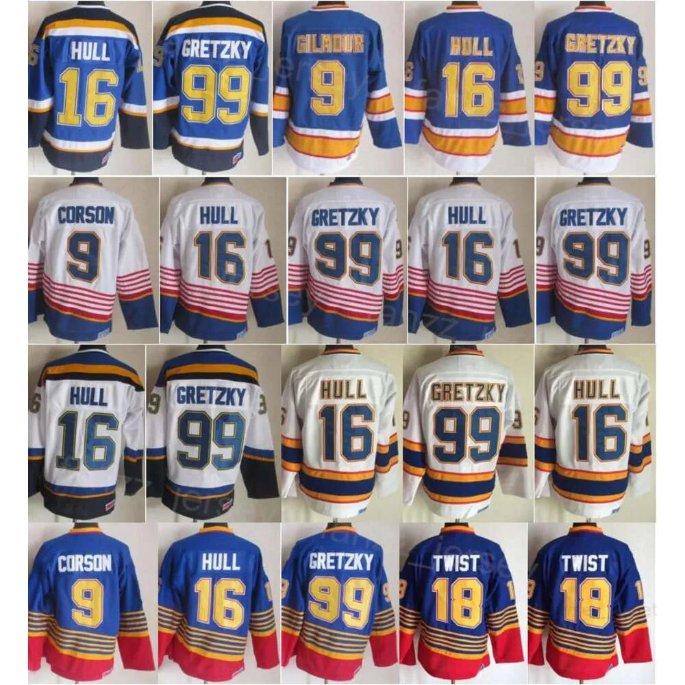 Man vintage hockey 9 Doug Gilmour Jerseys CCM 99 Wayne Gretzky 18 Tony Twist 16 Brett Hull 77 Pierre Turgeon Retro Classic 1995 1996 Pensionera broderier för sportfans