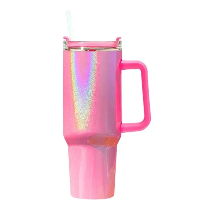 New 40oz stainless steel Glitter tumbler with handle lid straw big capacity Shimmer glossy water bottle outdoor camping cup vacuum insulated travel mugs