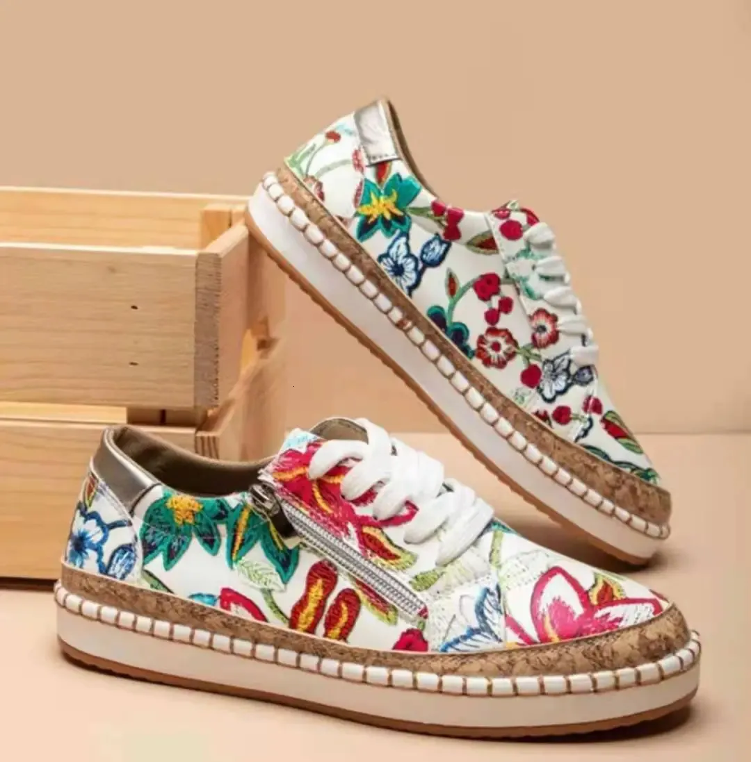 Sapatos de vestido feminino tênis elegante floral impresso rendas até sapatos planos estudante primavera sapatos casuais mulheres sapatos vulcanizados zapatillas mujer 231006