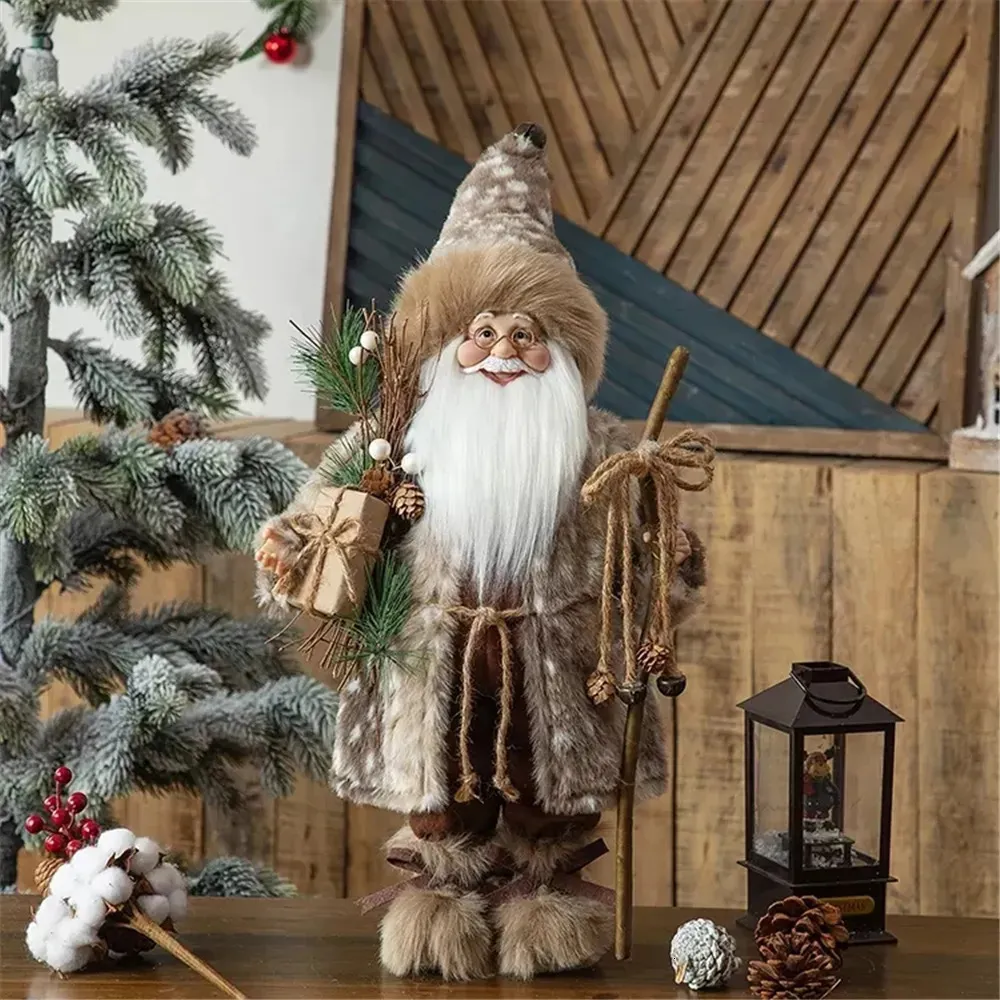 Juldekorationer 18 tum julsemester gåva Stående handgjorda plysch Santa figurkollektion Leopardtryck Forest Brown Santa Claus Doll 231005