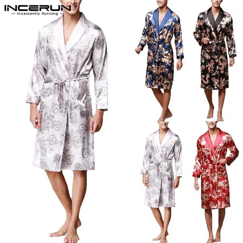 Élégant Hommes Robe Manches Longues Peignoir Soie Kimono Lucky Dragon Imprimer Pyjamas Nuit Robe De Chambre Masculina Peignoir Homewear1306c