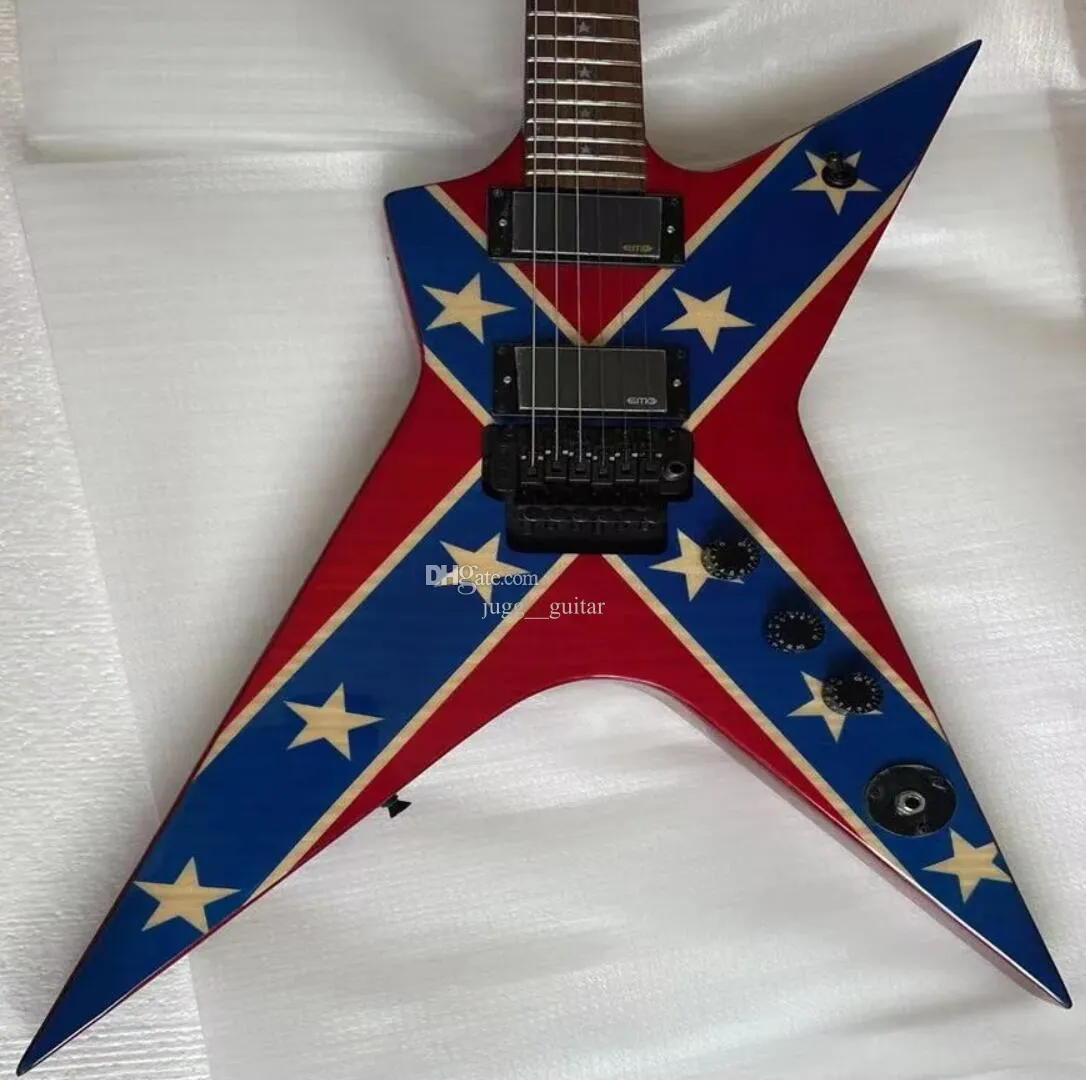 Handwerk schilderij Razor Dim 333 Dimebag Darrell Rebel Confederate Flag Rode elektrische gitaar Flame Maple Top Floyd Rose Tremolo China EMG pickups Zwarte hardware