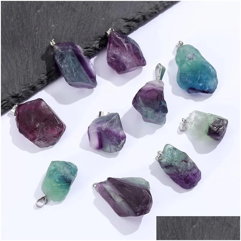 Ciondoli Verde Viola Fluorite Ciondolo Irregar Cristallo Pietra naturale per collana Orecchini Creazione di gioielli Accessorio Drop Deliv Dhgarden Dhrkk