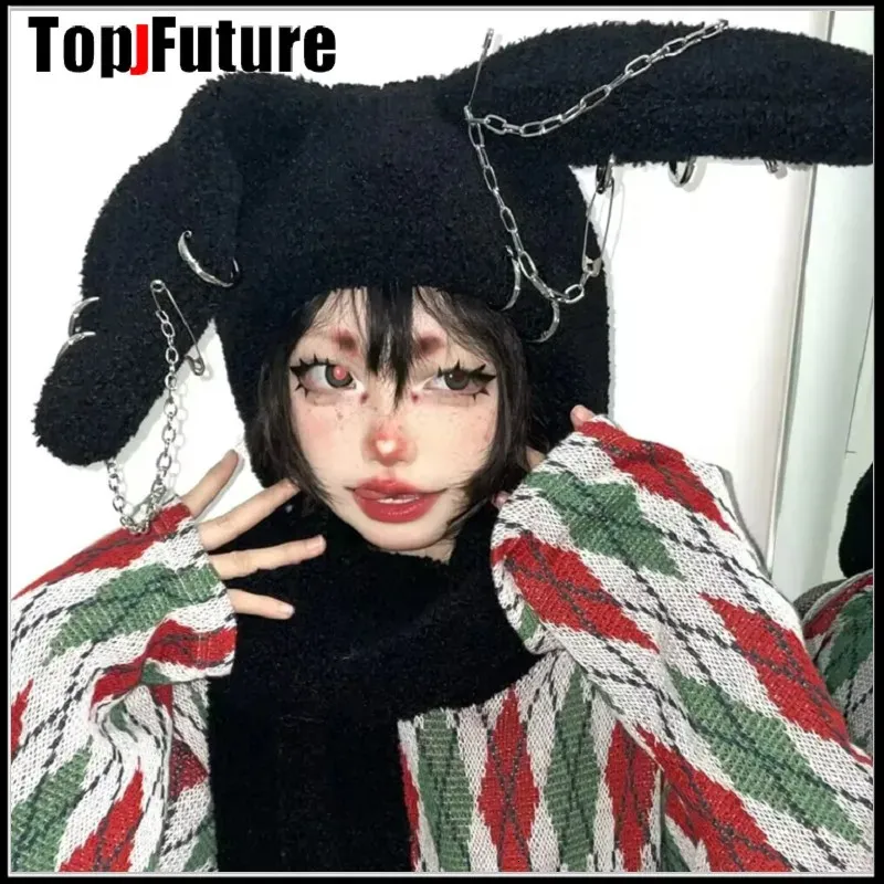 Hats Scarves Sets Japanese Harajuku Y2K Girls Long Rabbit Ear Hat Gothic Black Cross Chain Lambswool Winter Warm Hooded Scarf Caps Streetwear Hats 231006