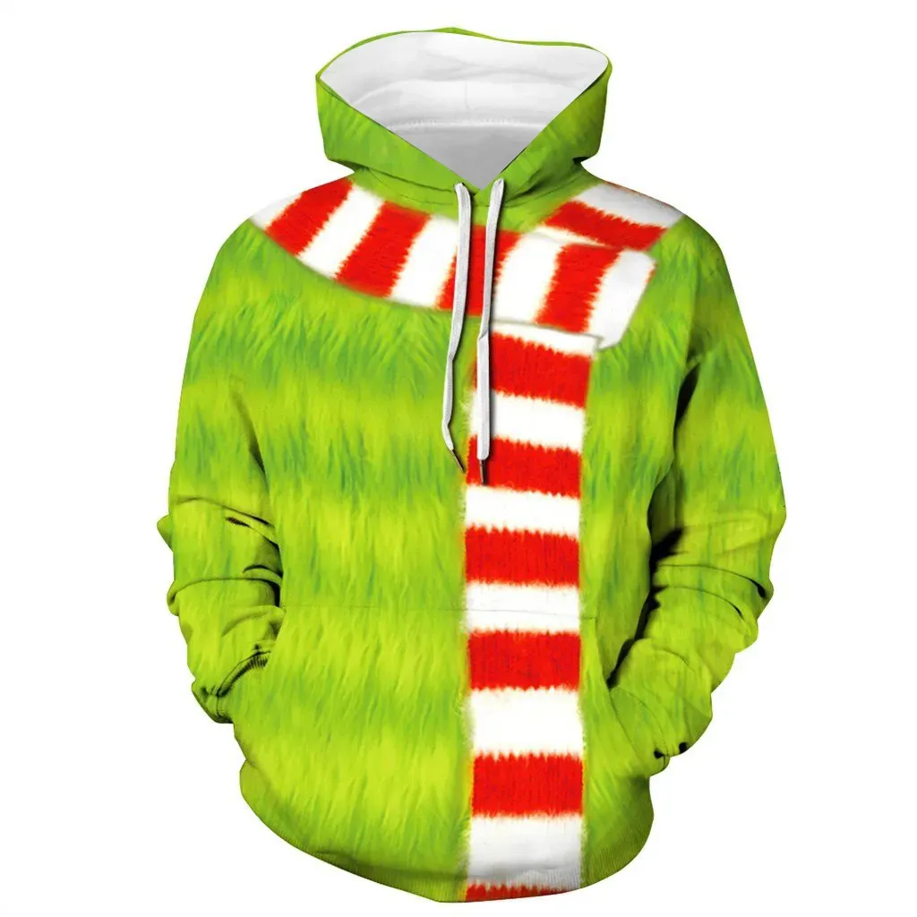 Mężczyzn Pants Men Hoodie Christmas Green Fur Monster Santa Claus Cosplay Printed Autumn Unisex Hooded Pullover Sudadera Hombre 231005