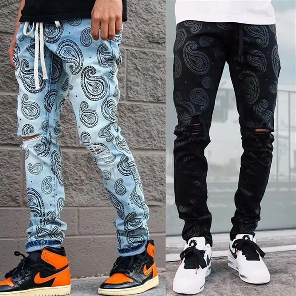 Men's Jeans 2021 Ripped Style Streetwear Fashion Jacquard Printing Denim Trousers Casual Pencil Loose Hip Hop Pants258G