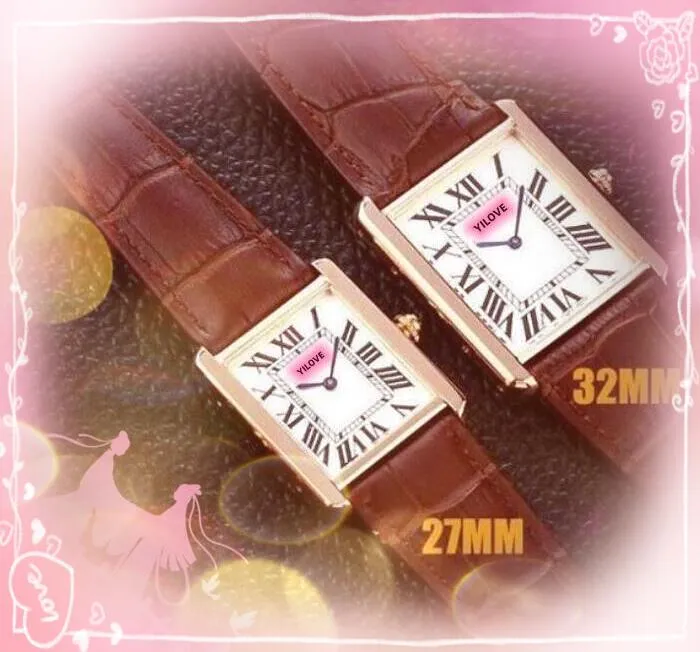 Rektangelform Romerska siffror Tank Dial Watches Luxury Mens Womens Quartz Movement Clock Rose Gold Silver Case Couples äkta läderspänne armbandsur presenter