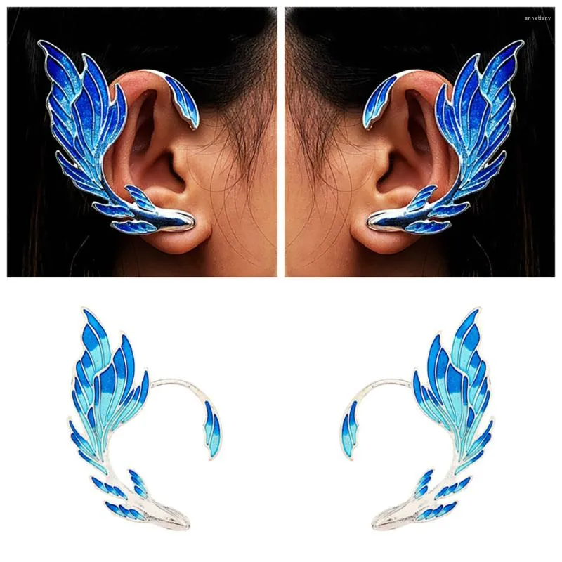 Boucles d'oreilles à dos, 2 pièces, Clip d'oreille, manchettes, Vintage, enveloppes d'ailes pour femmes, queue bleue, elfe
