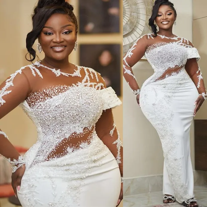 2023 out árabe aso ebi plus size bainha vestido de casamento branco renda frisada até o chão vestidos de noiva zj044