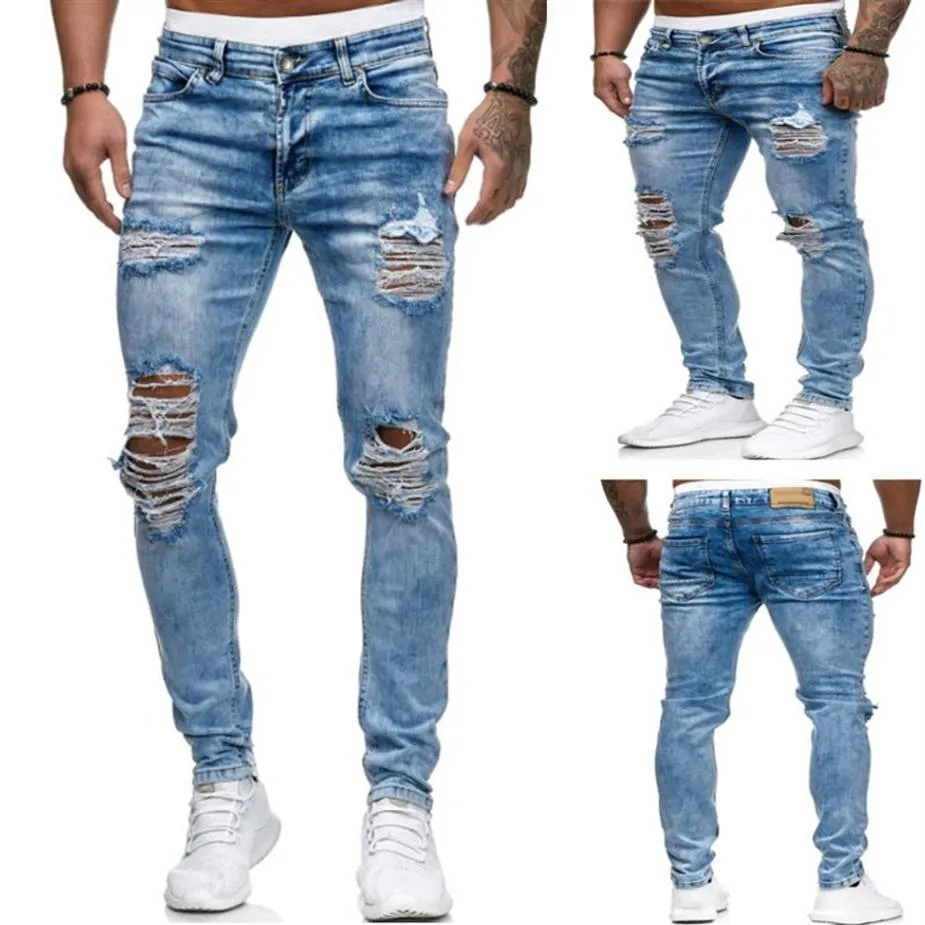 E-Baihui 2021 European American Men's Jeans Denim Trousers Stretch-hole Jean Small-foot Man's blue Hole Jeans Z006333Q