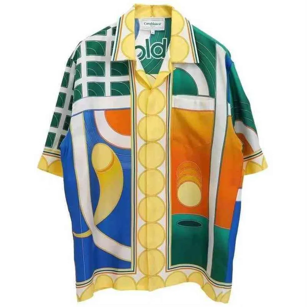 Fashion designers Casablanca Reve De Tennis silk mens shirts Indian fruit table tennis racket temperament Satin short sleeve shirt282E
