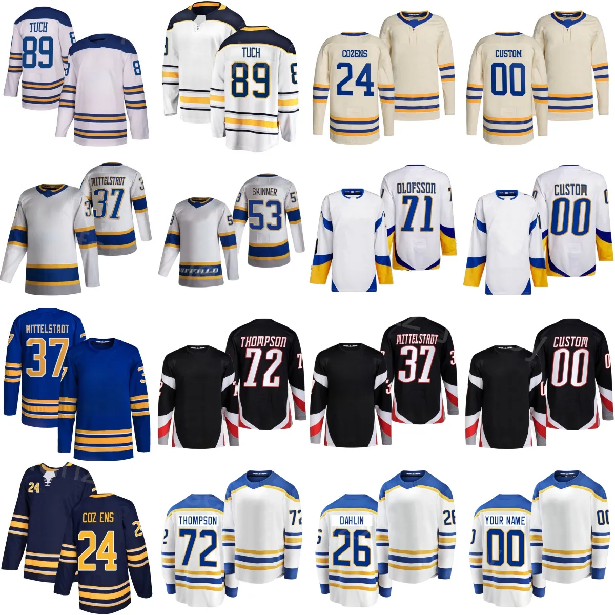 Stitch Hockey 26 Rasmus Dahlin Jersey 24 Dylan Cozens 37 Casey Mittelstadt 71 Victor Olofsson 72 Tage Thompson 53 Jeff Skinner 89 Alex Tuch Navy White Man Woman Youth