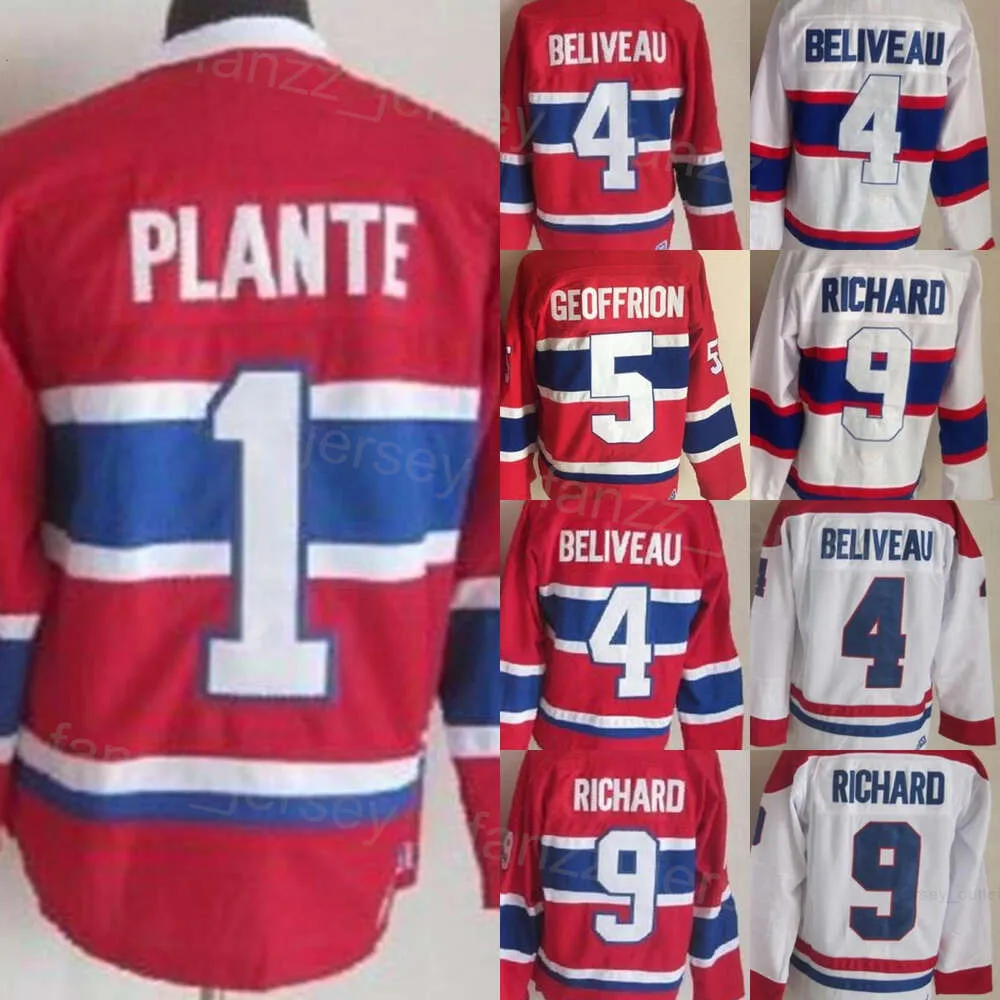 Homem Vintage Hóquei 1 Jacques Plante Jerseys Retro Clássico 5 Bernie Geoffrion 9 Maurice Richard 4 Jean Beliveau 10 Guy Lafleur 11 Brendan Gallagher CCM Stitched Team