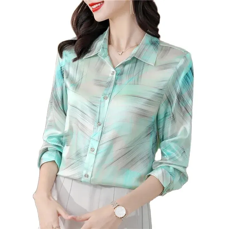 Elegant Office Ladies Silk Satin Shirt Long Sleeve Women Designer Fashion Printed Button Up Shirts Plus Size 2023 Autumn Winter Lapel Casual Blouses Cute Runway Top