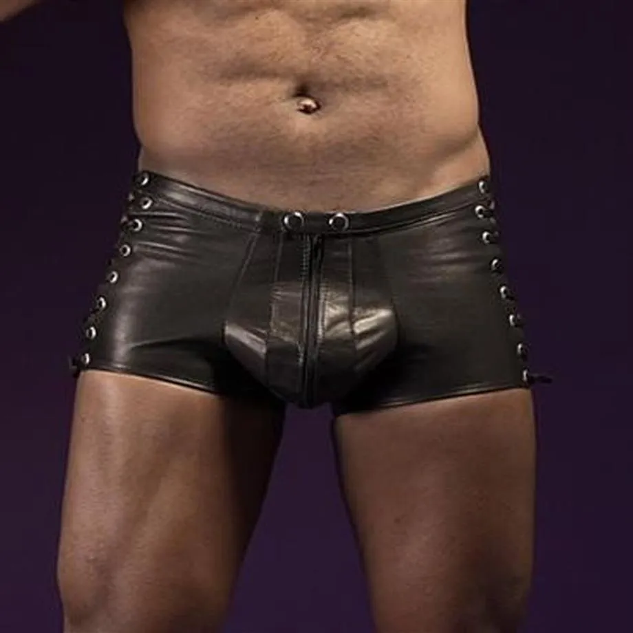 Boxer en Faux cuir pour hommes, vêtements exotiques, short, sous-vêtements transparents, Lingerie, pantalon noir, Super Sexy, look mouillé, Boxer345C