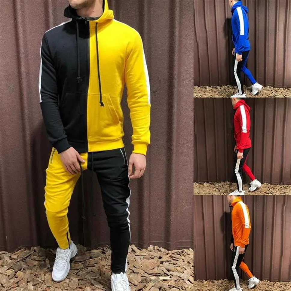 Tracksuits dos homens 2 pcs High Street Patchwork Tracksuit Homens Hoodies Jogging Survetement Homme Listrado Vetement Set Cordão C304i