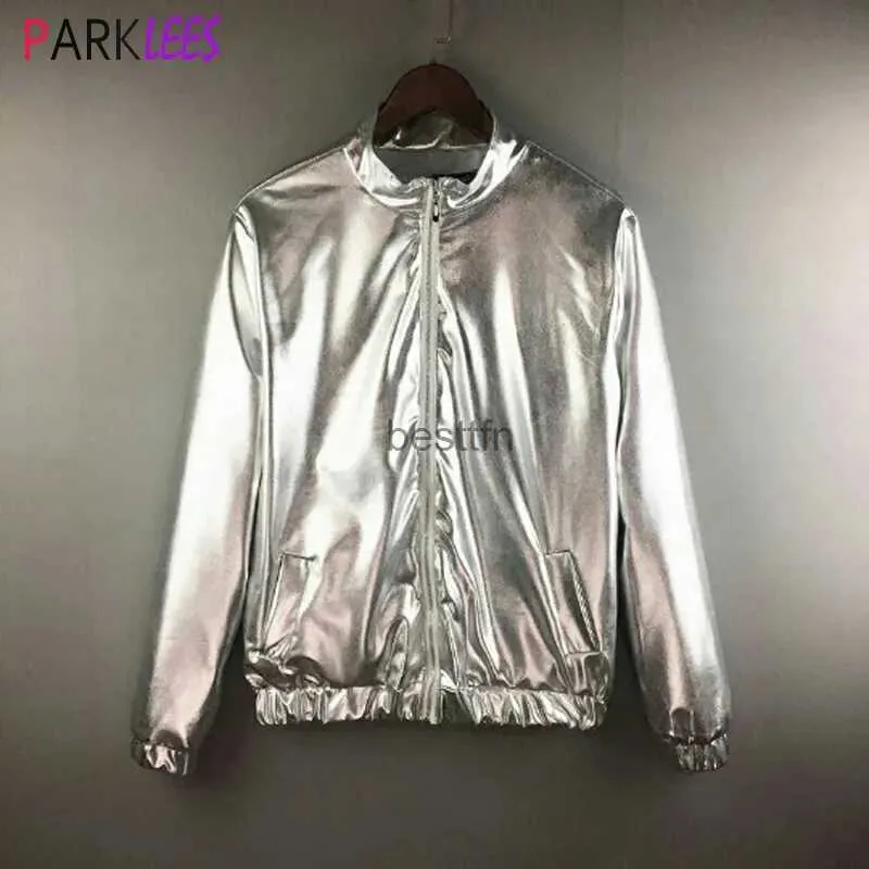 Herrjackor Mens glänsande Silver Metallic Jacket 70s Disco Dance Christmas Party Varsity Jacket Zip-up Baseball Bomber Jackets Coats Jaquetasl231006