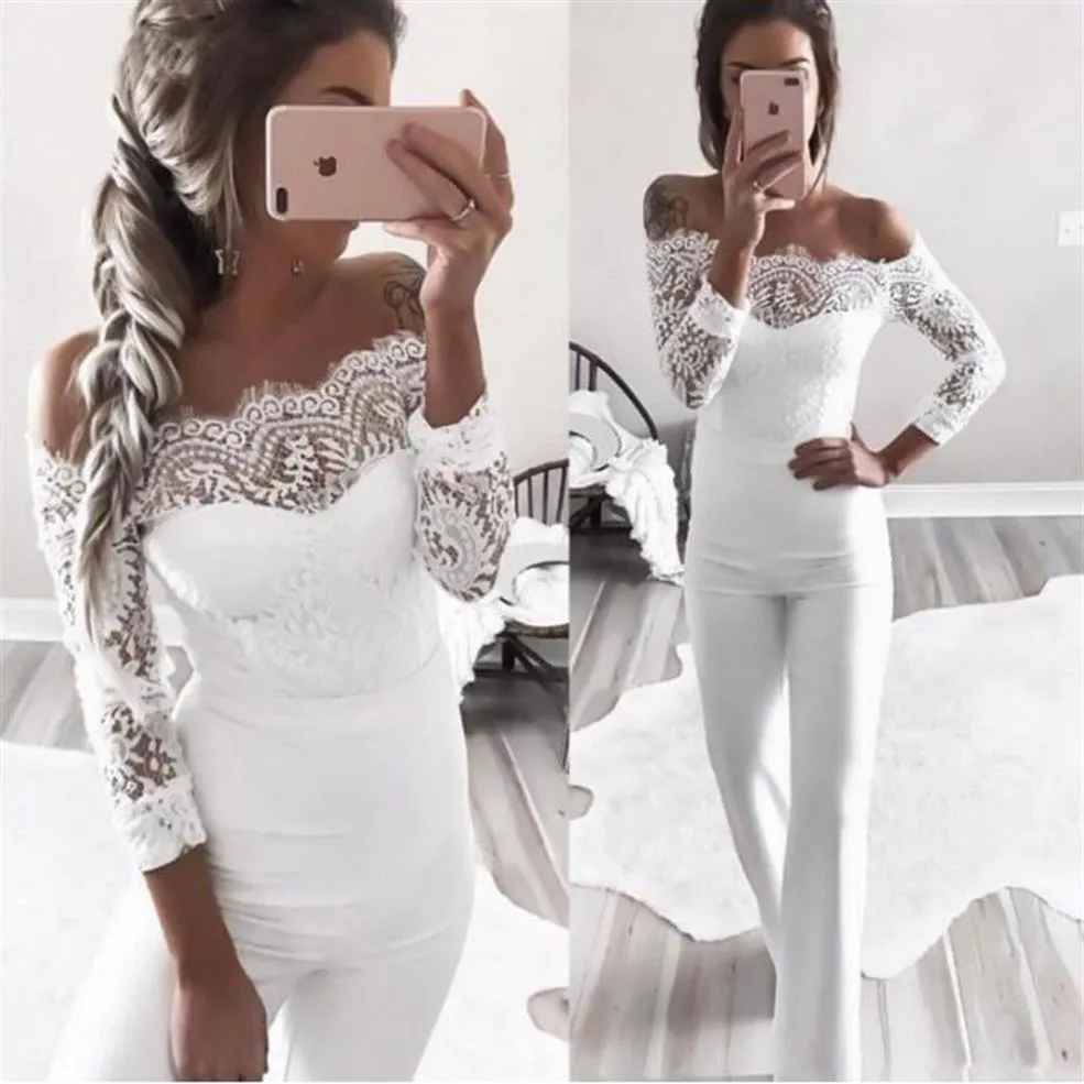 Kobiety Jumpsuits Rompers eleganckie z ramion koronkowe damskie damskie kombinezony seksowne panie swobodne długie spodnie kombinezon White233d