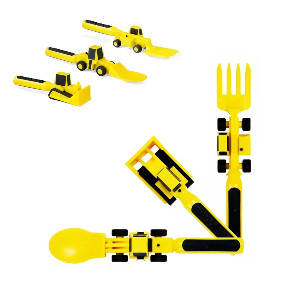 Tassen, Geschirr, Utensilien, 3-teiliges Kindergeschirr-Set, Kinderbesteck, Bulldozer, Bagger, Schaufel, Babylöffel, Essgabel, Lebensmittelutensilien, konstruktives Essen, 231006