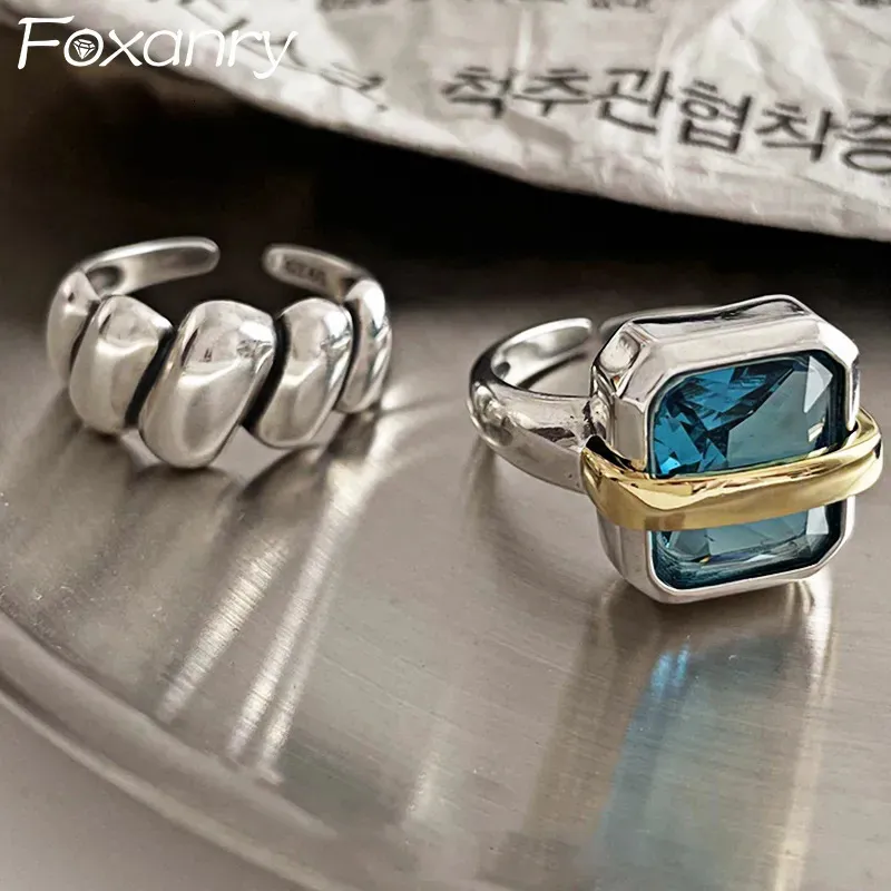 Anneaux de mariage Foxanry mode bleu Zircons bagues de fiançailles pour femmes Couples Vintage à la main irrégulière géométrique fête bijoux cadeaux 231006