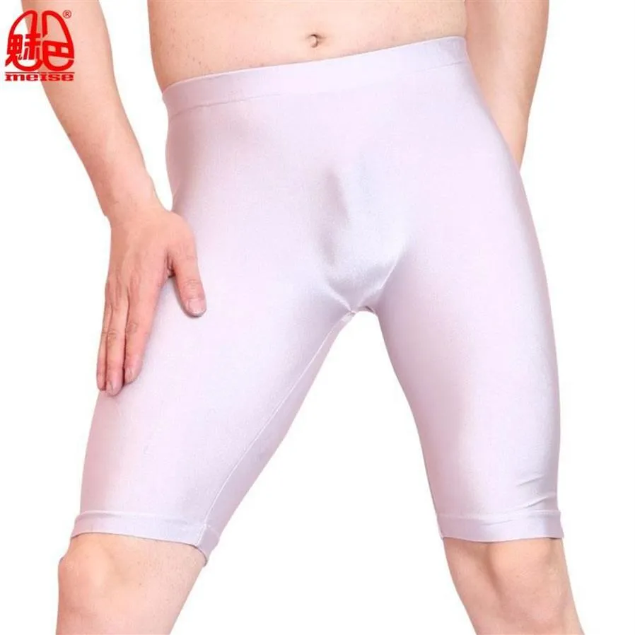 Sexy Men Oil Shiny Lycra Middle Pants Seamless Solid U Convex Stylish Pouch Half-length Boxers Gay Wear Long Leg Club Underpants M217R