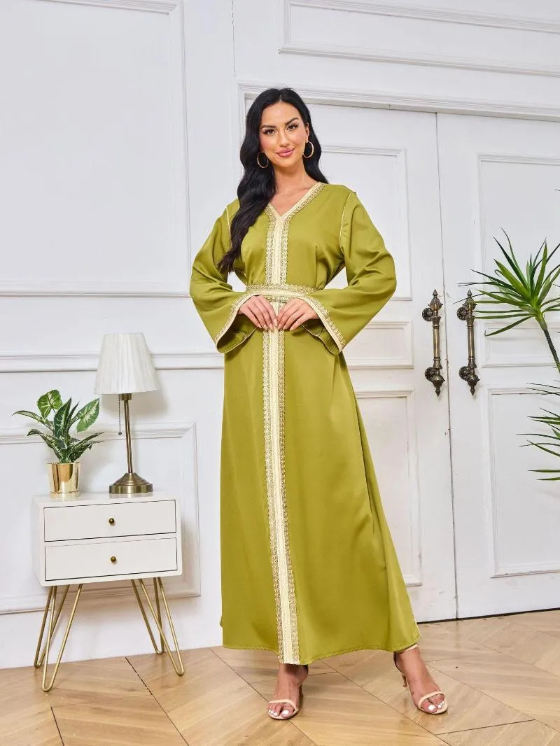 Ethnic Clothing Ramadan Middle East Dubai Muslim Fashion Robe Women's Dress Saudi Arabian Embroidery Gold Beaded Lace Islam Abaya