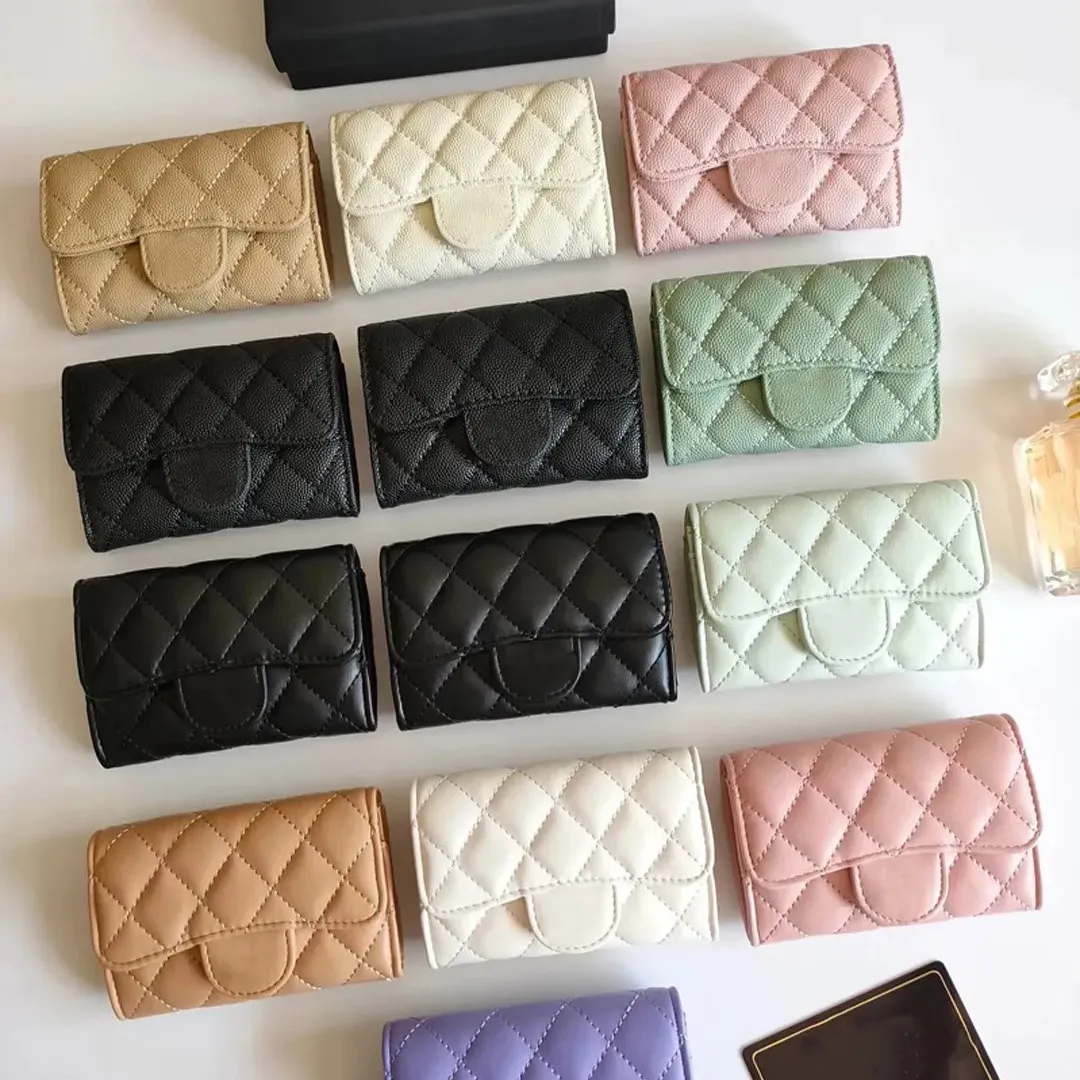 Kobiet luksusowy projektantka mody Uchwyt karty Fold Flap Classic Wzór kawiorowy Sheepsin Black Mini torebka dla kobiet z pudełkiem.