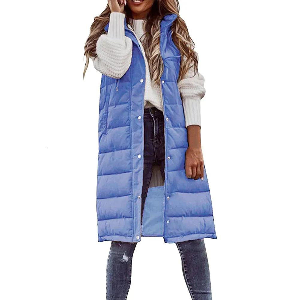 Piumino da donna Parka senza maniche Giacca invernale calda Donna Cappotti midi Gilet Mantieni caldo Elegante nero con cappuccio Street Hipster Lady Cappotto in cotone 231005