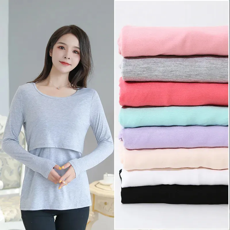 Tops de maternidad Camisetas Otoño Manga larga O-cuello Color sólido Postparto Mujeres Algodón Camiseta de enfermería Maternidad Lactancia Top y camisetas 7 colores 231006