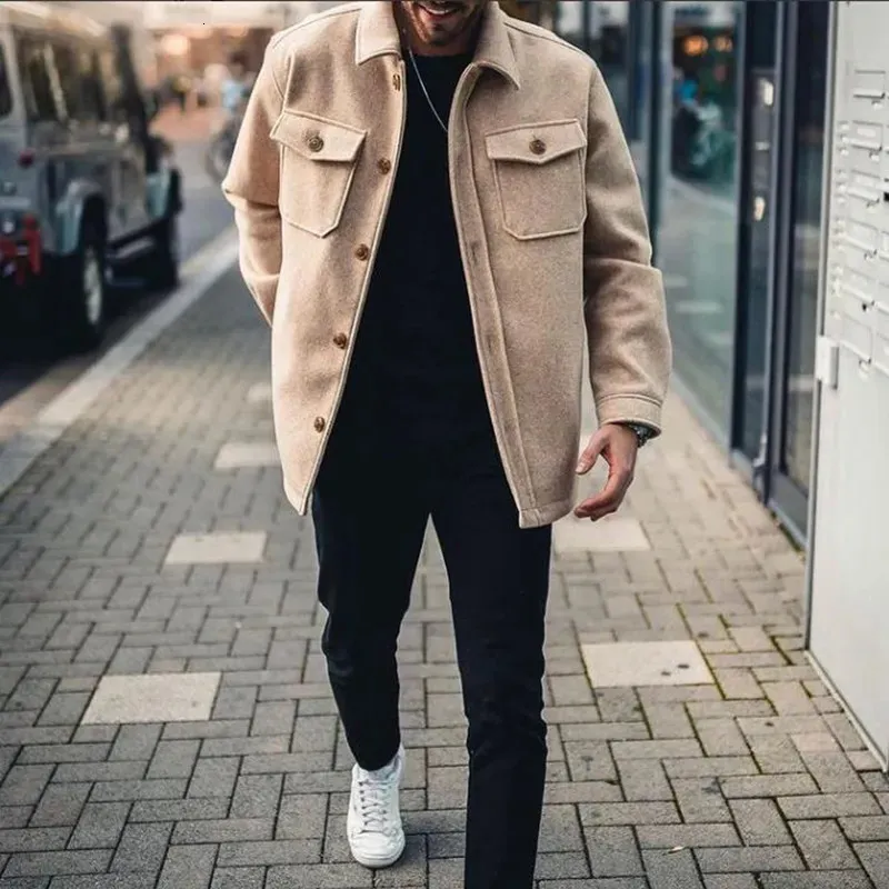 Misto lana da uomo Autunno Uomo Giacche Moda Solido Manica lunga con bottoni Couverture Colletto Cappotti Casual Uomo Abbigliamento Capispalla Maschile Streetwear 231005