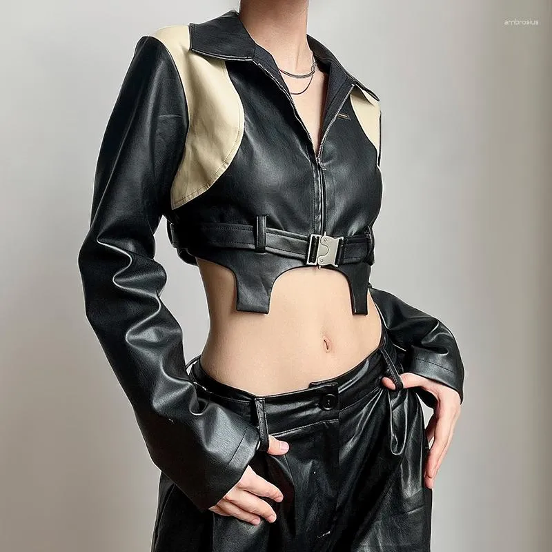Women's Jackets Qnvigo Leather Clothes Motorcycle Metal Buckle 2023 Zipper Strap Slim Long Sleeve Autumn Jacket