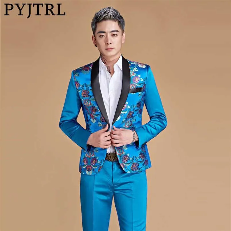 PYJTRL Men Shawl Lapel Chinese Style Royal Blue Gold Red Dragon Print Suits Latest Coat Pant Designs Stage Singer Wear Costume X09260P