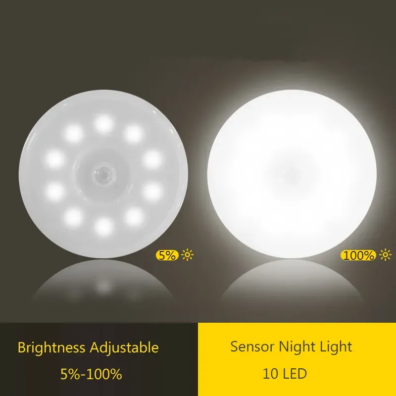 Pir sensor de movimento led night light usb recarregável lâmpada regulável para quarto armário cozinha sem fio luz do armário ll