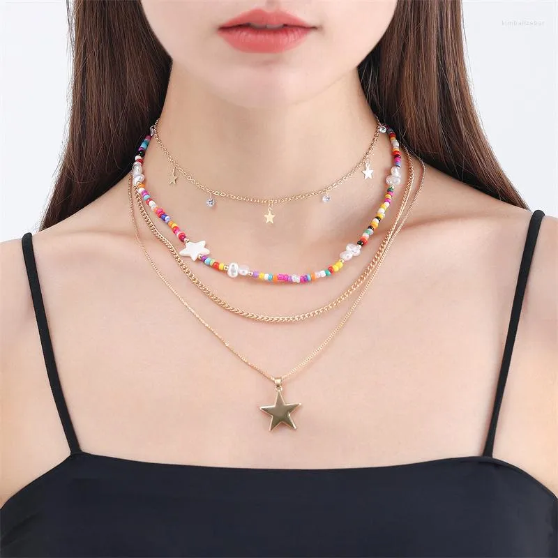 Pendentif Colliers Bohème Multicouche Perles À La Main Chaîne De Mode Charme En Métal Étoile Bijoux Pour Femmes Filles Accessoires De Fête