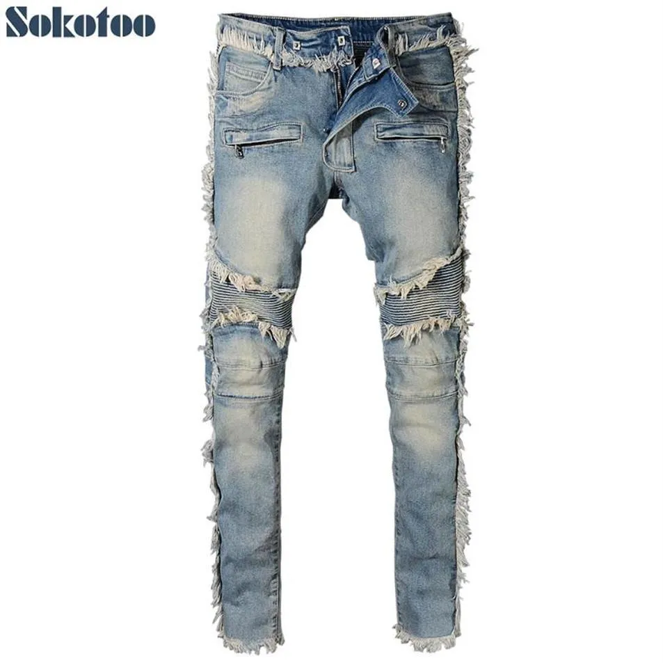 Sokotoo Erkekler Vintage Yıkanmış Denim Fringe Biker Kot Moto Moda için Slim Fit Düz Patchwork Pantolon Big ve Tall1787