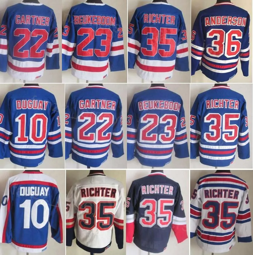 Uomo Vintage Hockey 10 Maglia Ron Duguay CCM 2 Mike Gartner 23 Jeff Beukeboom 36 Glenn Anderson 35 Mike Richter 18 Walt Tkaczuk Retro Classic 75° Anniversario 91-92