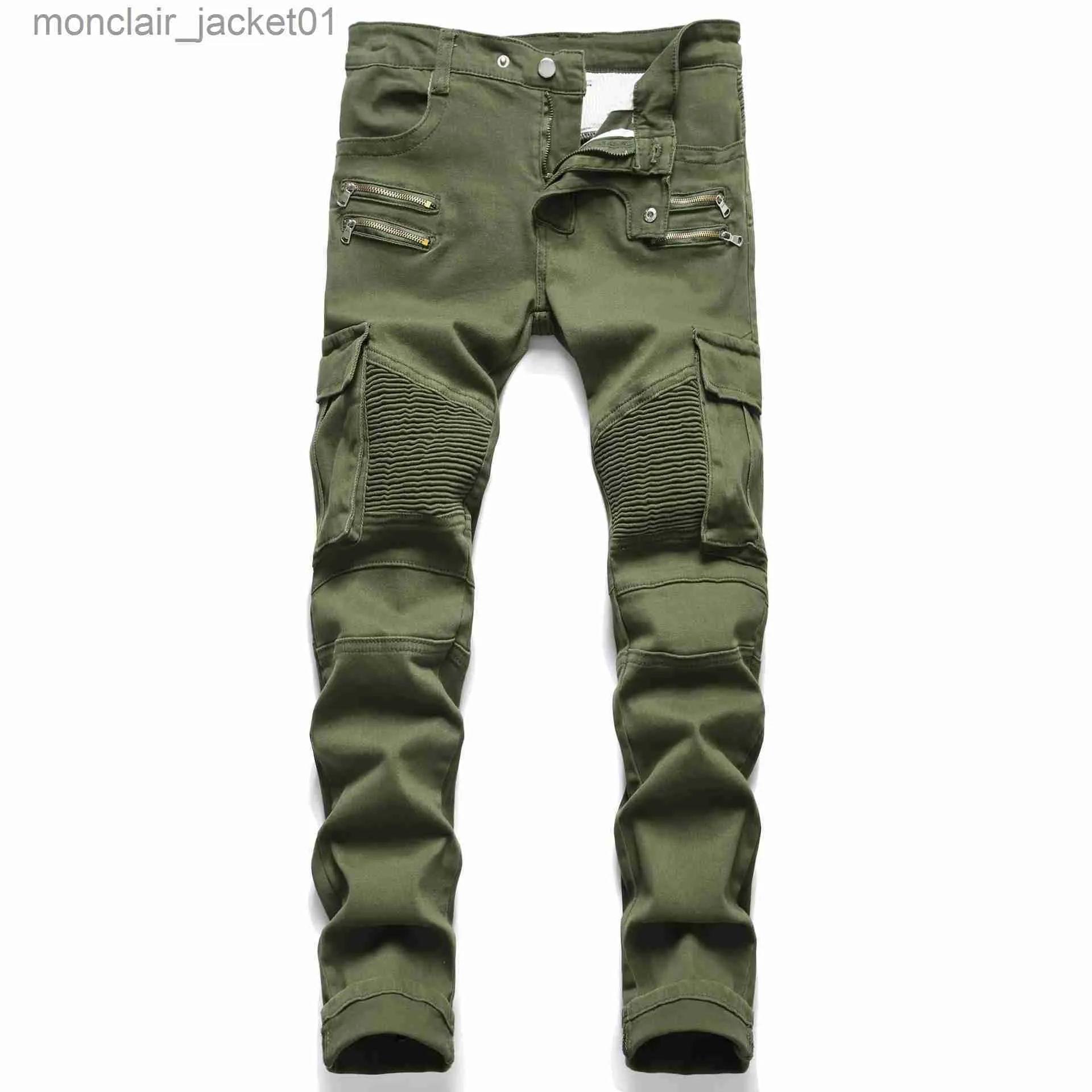 Jeans homme Jeans Denim hommes pantalons d'équitation armée vert moto Jeans conception droite grande taille pantalon pantalons décontractés J231006