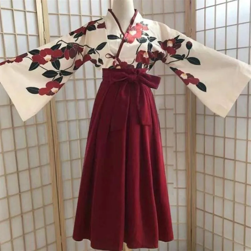 Kimono Sakura Girl Japanese Style Floral Print Vintage Dress Woman Oriental Camellia Love Costume Haori Yukata Asian Clothes237Z