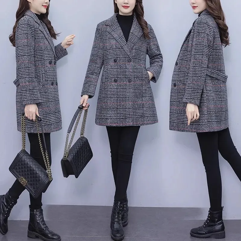 Women's Jackets Large Size Woolen Plaid Women Blazer Autumn/Winter Korean Fashion Loose Mid Length Cotton Padded Jacket Suit Coat C078 231006