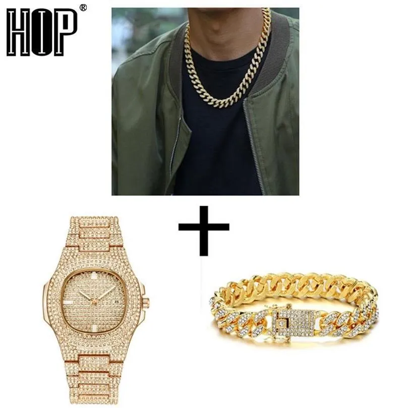 Collier en argent montre Bracelet Hip Hop Miami gourmette chaîne cubaine or plein glacé pavé strass CZ Bling pour hommes bijoux 2227