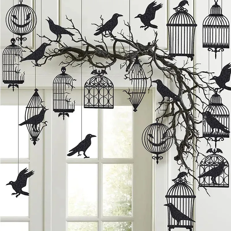 Other Event Party Supplies Glitter Black Crow Cage Halloween Party Decorations for Gothic Halloween Tree Hanging Decorations Raven Bird Cage Banner Garland 231005