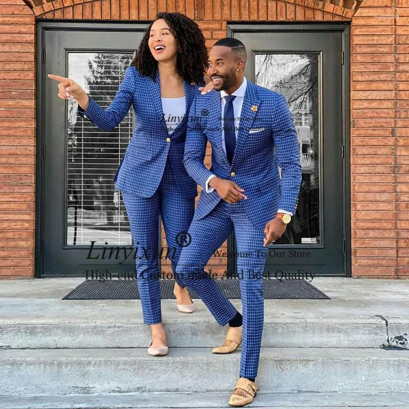 Blue Plaid Slim Fit Suit And Jeans Womens Shawl Lapel Groom
