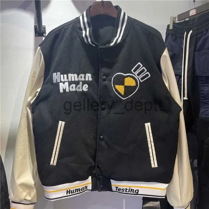 Jaquetas masculinas 2023 Feito Humano Teste Varsity Jaqueta de Beisebol Homens Mulheres Toalha Bordado Manga De Couro Humano Feito Bomber Jaquetas Casacos J231006