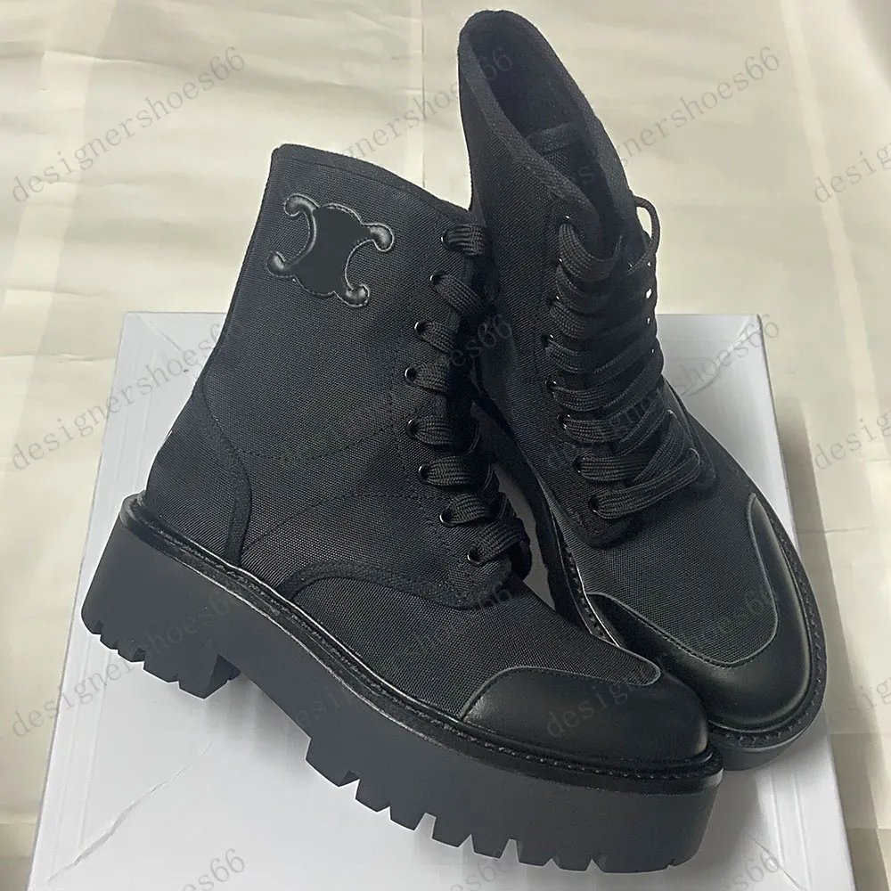 BULKY LACED UP BOOT IN NYLON AND SHINY BULL BLACK triomphe boots Womens designer boots suede casual Martin Boots Upper with brand signature logo platform boot