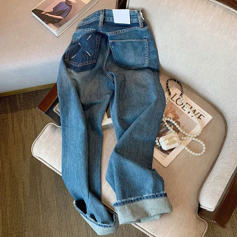 Colisão de bolso de jeans feminino cor solta cintura alta alta retro largo calças de pernas largas para mulheres 231005