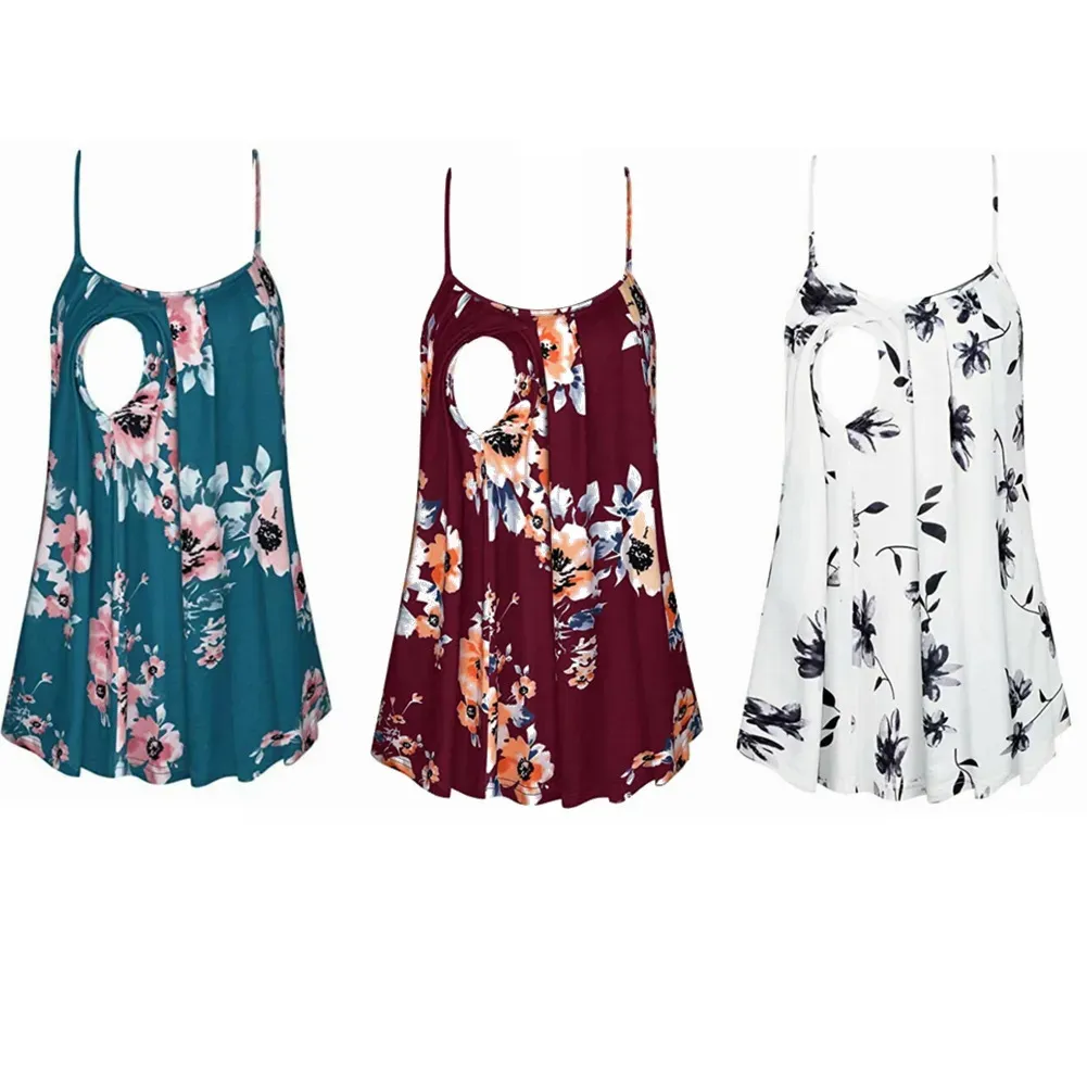 Maternity Tops Tees Women Pregnant Clothing Sleeveless Floral Print Maternity Breastfeeding Camisole Pregnant Women Suspender Vest Nursing Tank Top 231006