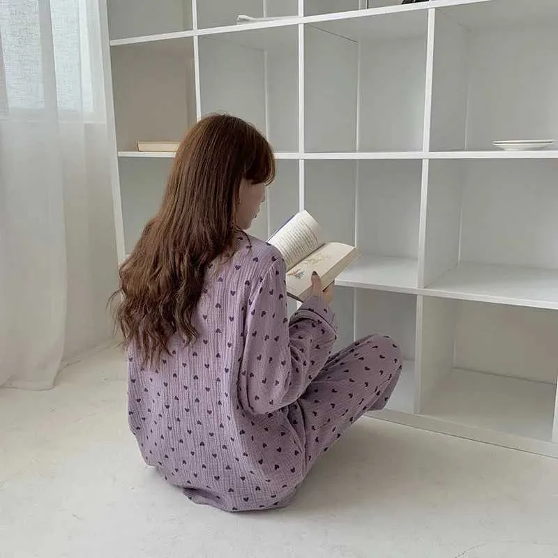 Womens 2-Piece Korean Pajama Set: Cotton Sleepwear, Heart Womens 2-Piece Korean Pajama Set: Cotton Sleepwear, Heart