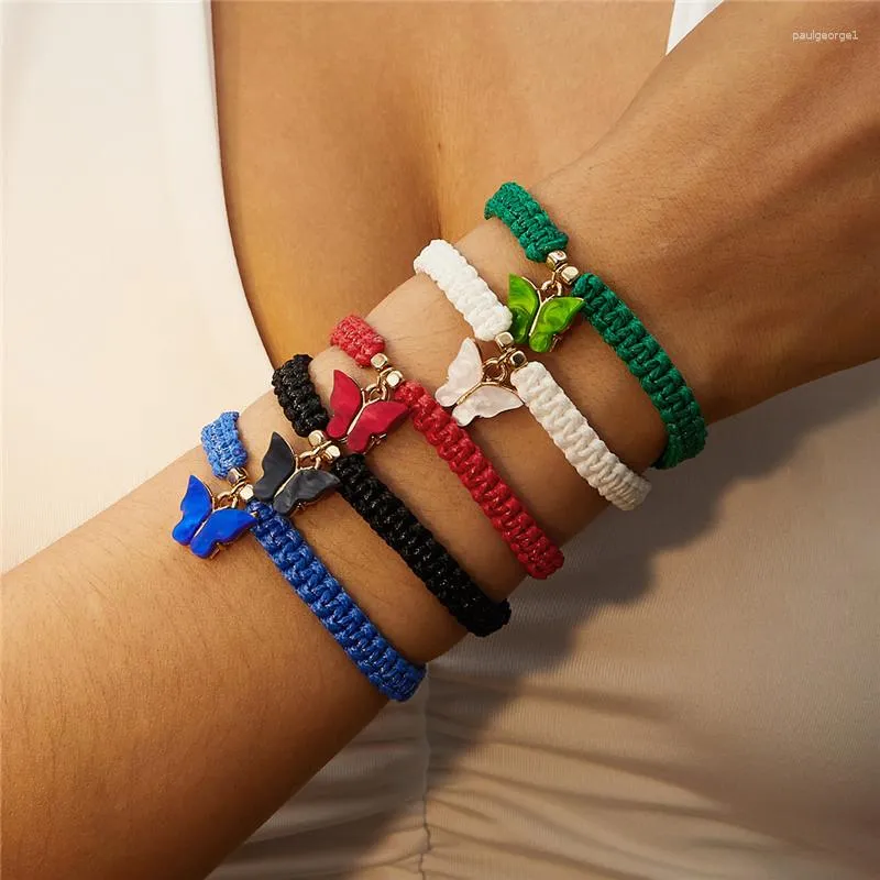 Bedelarmbanden Zoete Handgemaakte Gevlochten String Armband Voor Vrouwen Boheemse Roze Blauwe Klassieke Vlinder Hanger Armbanden Armbanden Sieraden