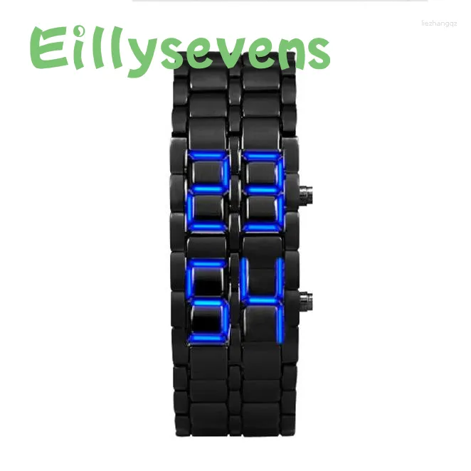 Montres-bracelets Mode Noir Full Metal Digital Montre-bracelet Hommes Bleu LED Affichage Montres Hommes Cadeaux Pour Homme Sport Creative Relogio Minino