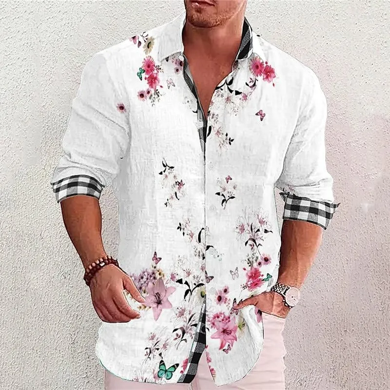 Camisas casuais masculinas camisa de linho floral estampas gráficas turndown preto branco vermelho marinho azul luz roxo ao ar livre rua manga longa impressão c